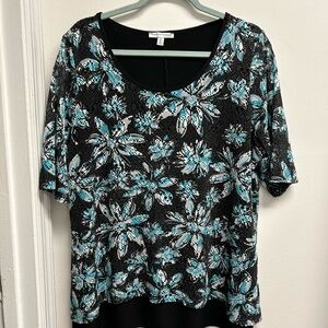 Elegant Floral Mesh Over Tank Top Blouse in Black and Blue